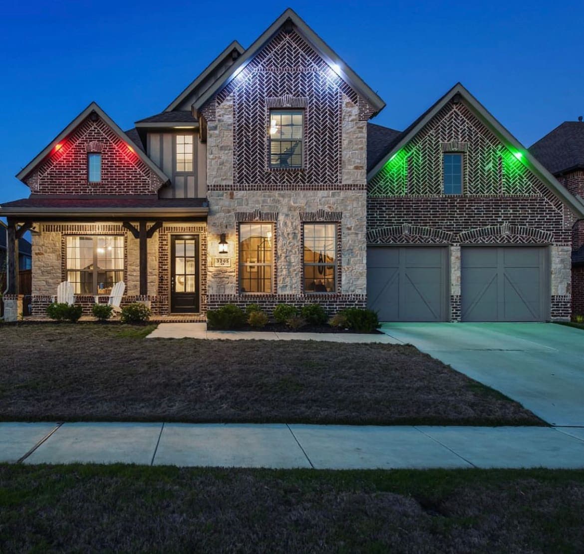 Close view of the low-profile channel with LED down lights seated along an eave.